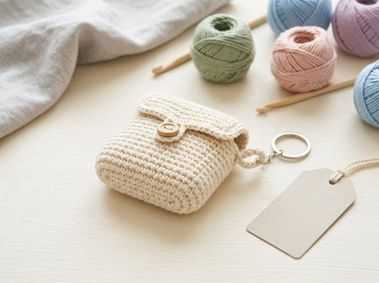 Classic cotton crochet AirPods case on a bright craft table