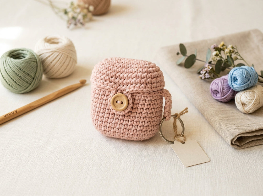 Crochet AirPods case with button flap closure