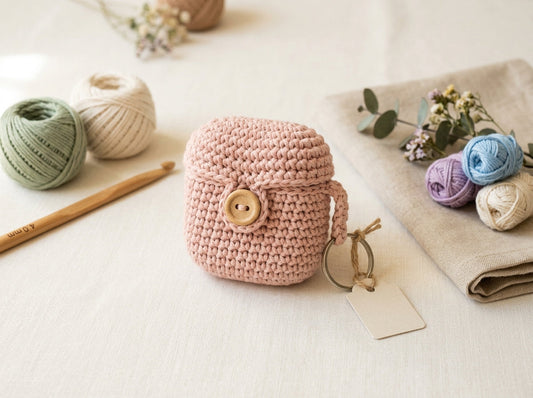 Crochet AirPods case with button flap closure