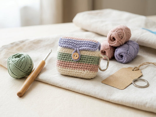 Striped scrap-yarn crochet AirPods case with keyring hardware