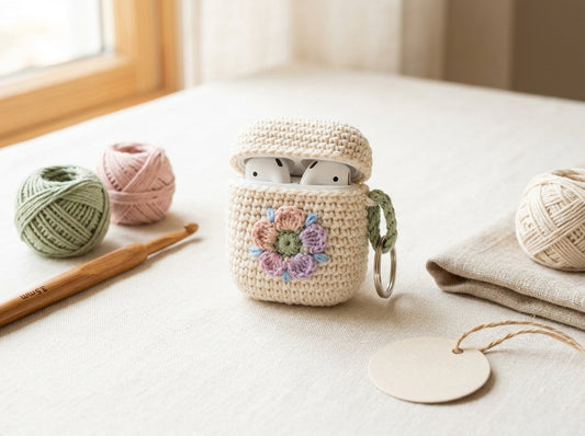 Crochet AirPods case with small flower applique