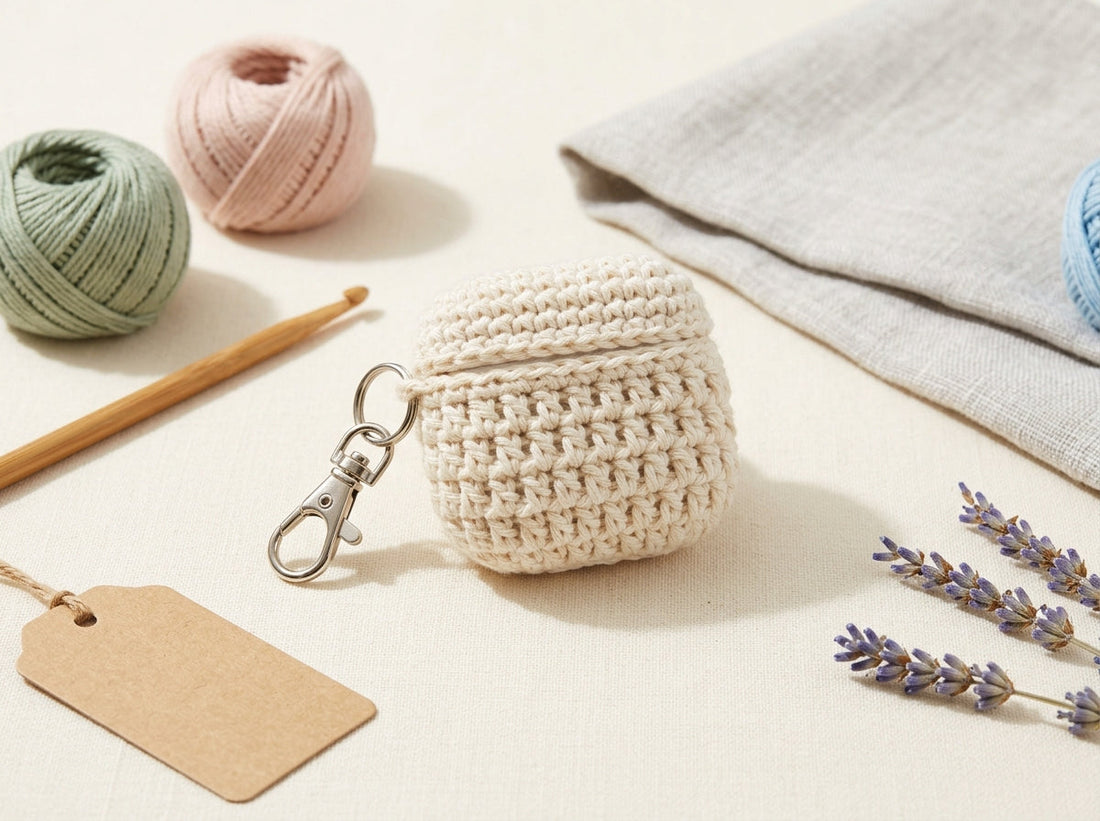 Crochet AirPods keychain case with lobster clasp