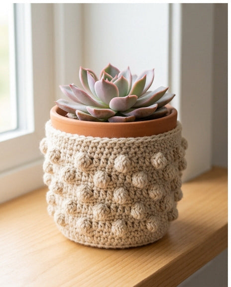 Warm oatmeal bobble crochet succulent pot cover with raised texture