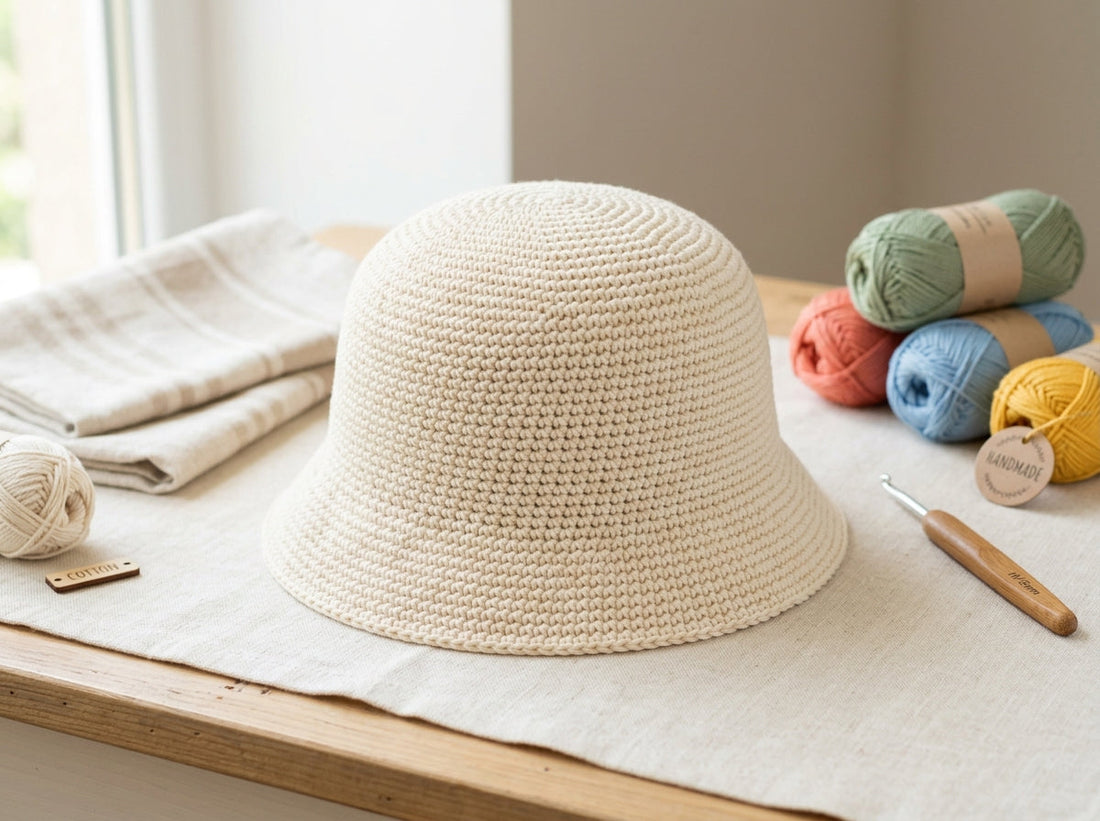 Classic cotton crochet bucket hat on a bright craft table