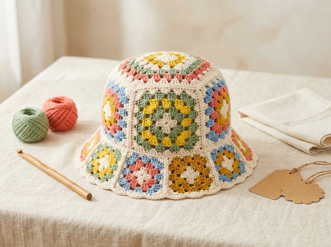 Granny square crochet bucket hat with colorful motifs
