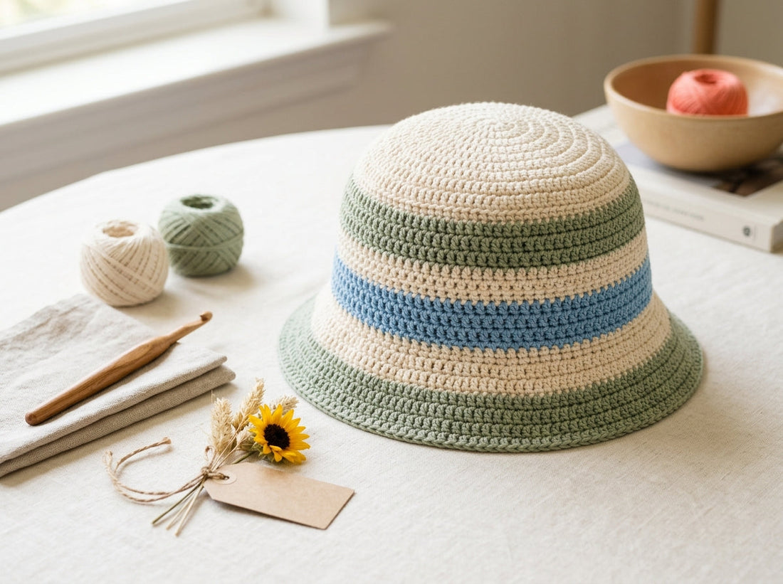 Striped crochet summer bucket hat on a clean tabletop