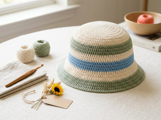 Striped crochet summer bucket hat on a clean tabletop