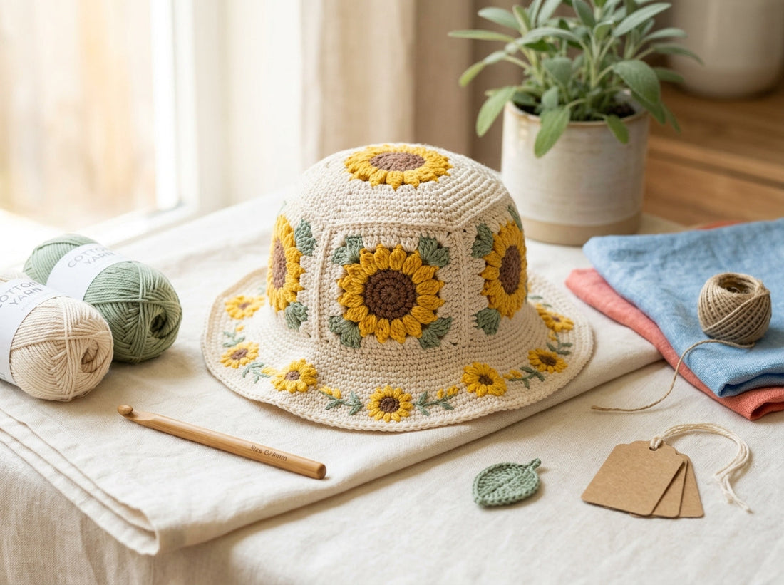 Sunflower crochet bucket hat with yellow floral details