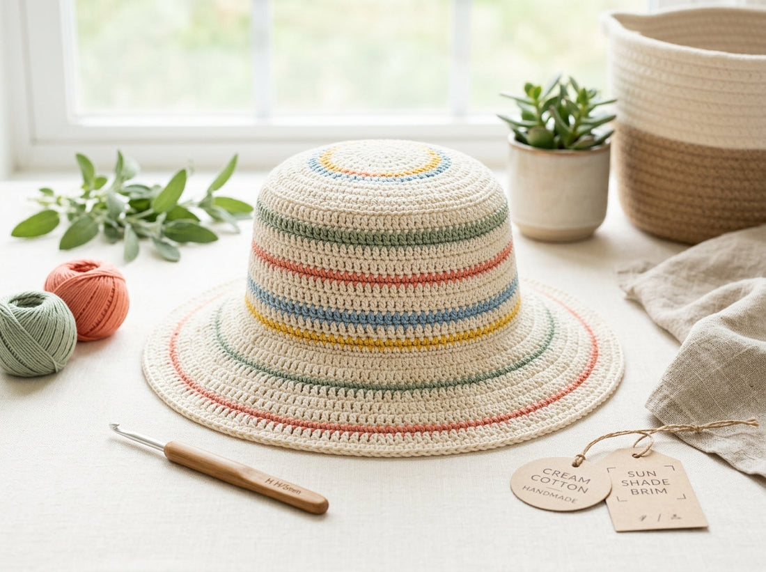 Wide-brim crochet bucket sun hat with firm cotton texture