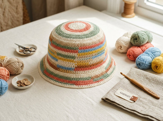 Scrap yarn crochet bucket hat with playful patchwork colors