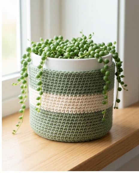 Sage and cream color block crochet plant pot cover around a white plant pot
