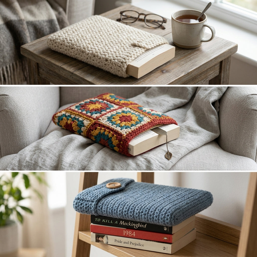 Neutral textured crochet book sleeve beside tea and reading glasses