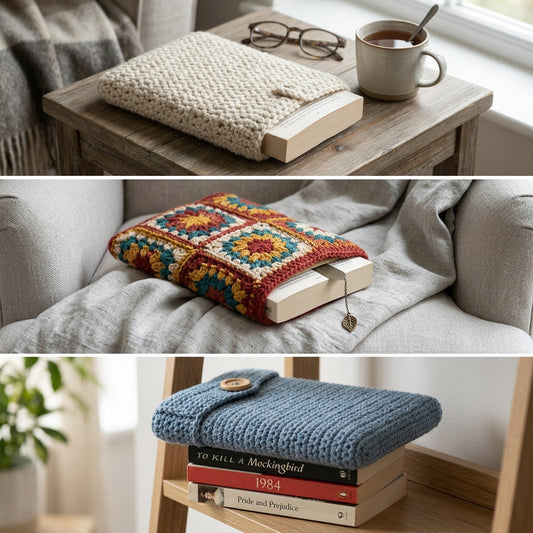 Neutral textured crochet book sleeve beside tea and reading glasses