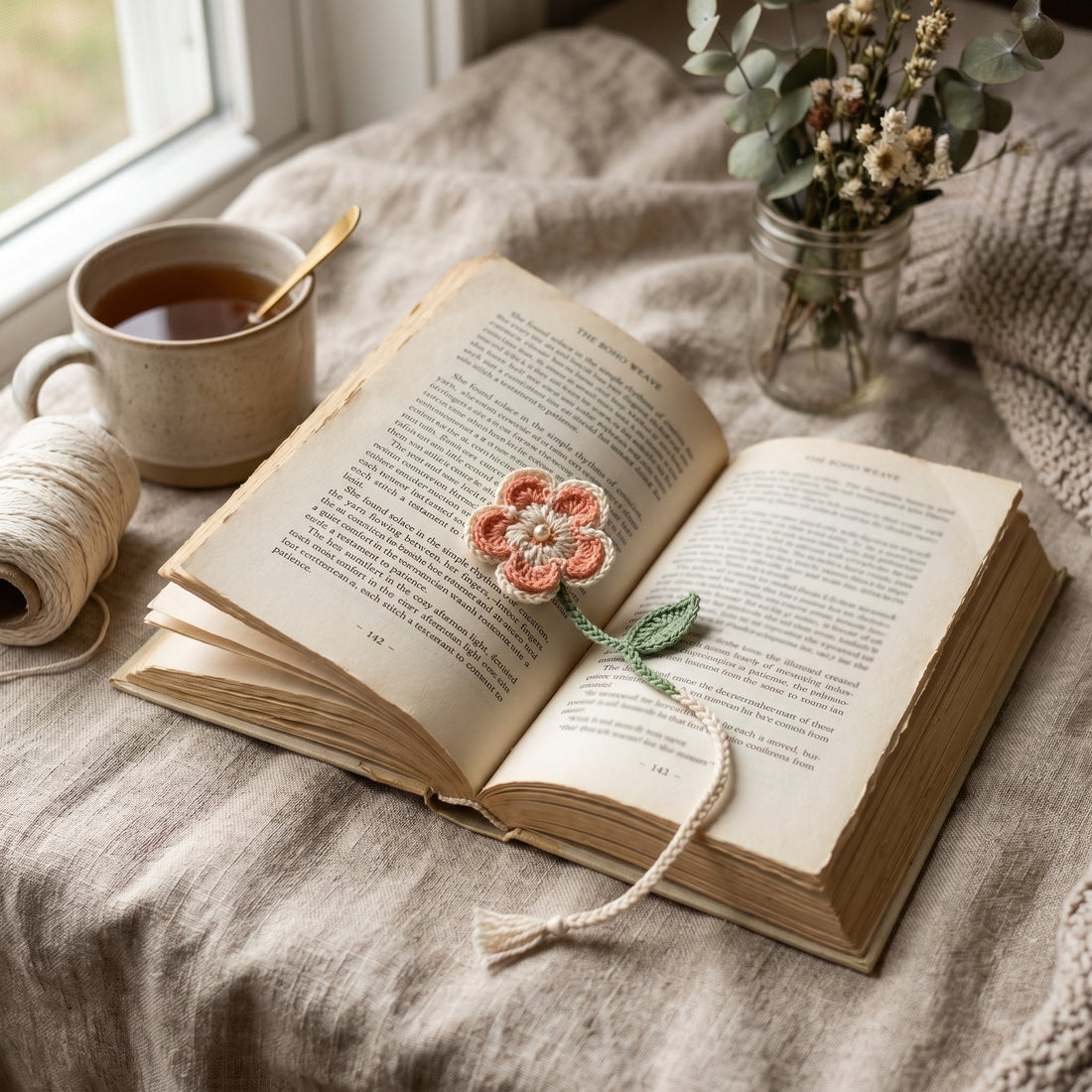 Crochet flower bookmark resting inside an open book on soft neutral fabric