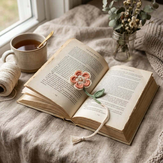 Crochet flower bookmark resting inside an open book on soft neutral fabric
