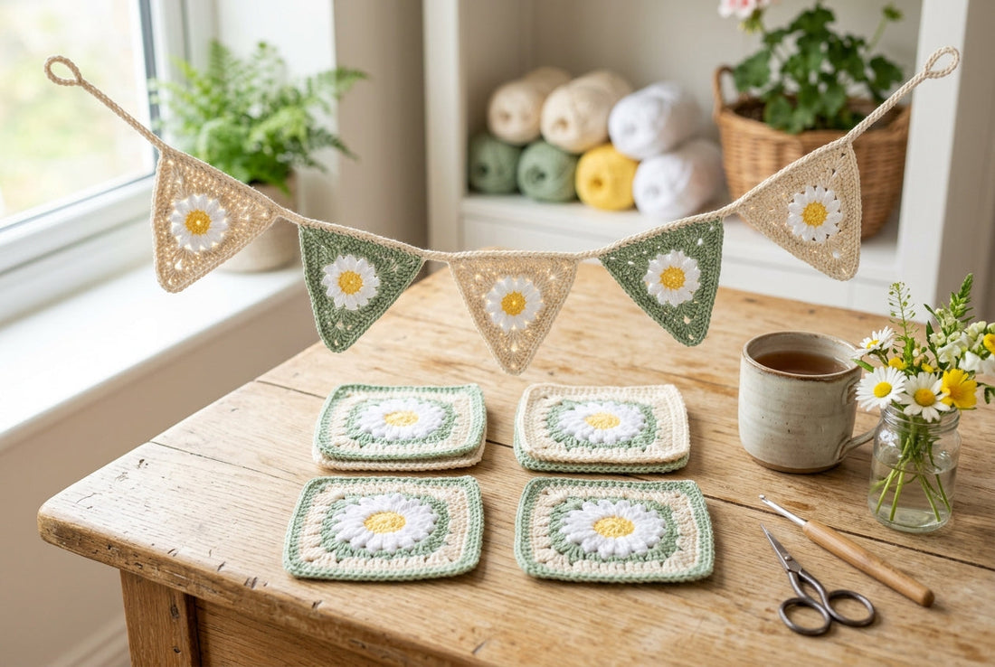 Coasters or Bunting made with pastel crochet daisy granny squares
