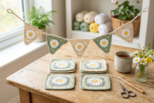 Coasters or Bunting made with pastel crochet daisy granny squares