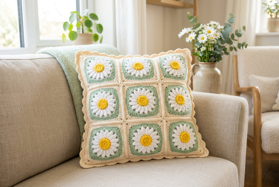 Cushion Cover made with pastel crochet daisy granny squares