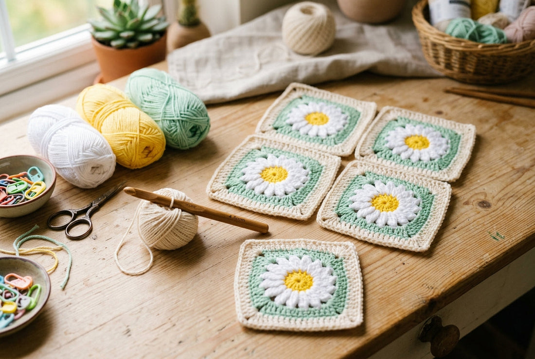Finished pastel crochet daisy granny squares on a bright craft table