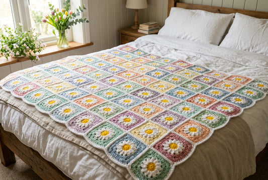 Scrap-Yarn Patchwork Blanket made with pastel crochet daisy granny squares
