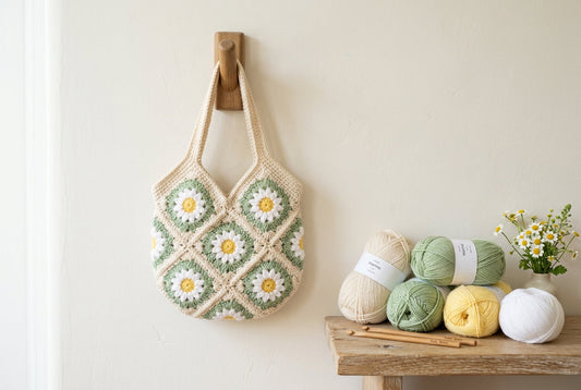Small Tote Bag made with pastel crochet daisy granny squares