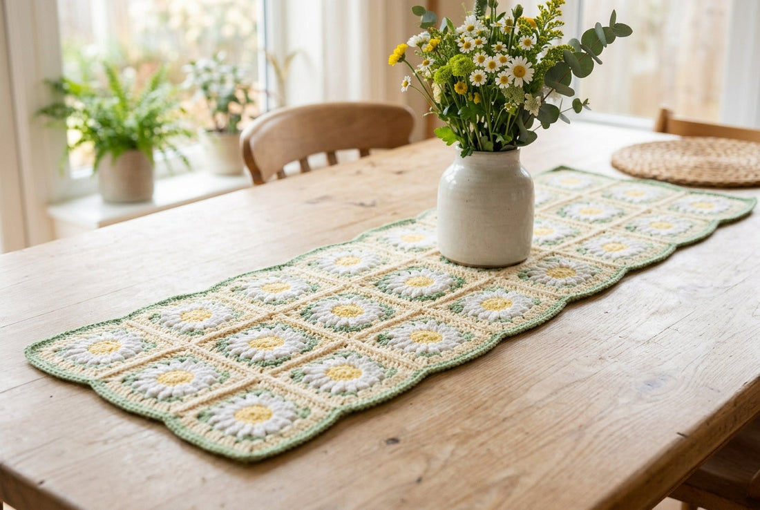 Table Runner made with pastel crochet daisy granny squares