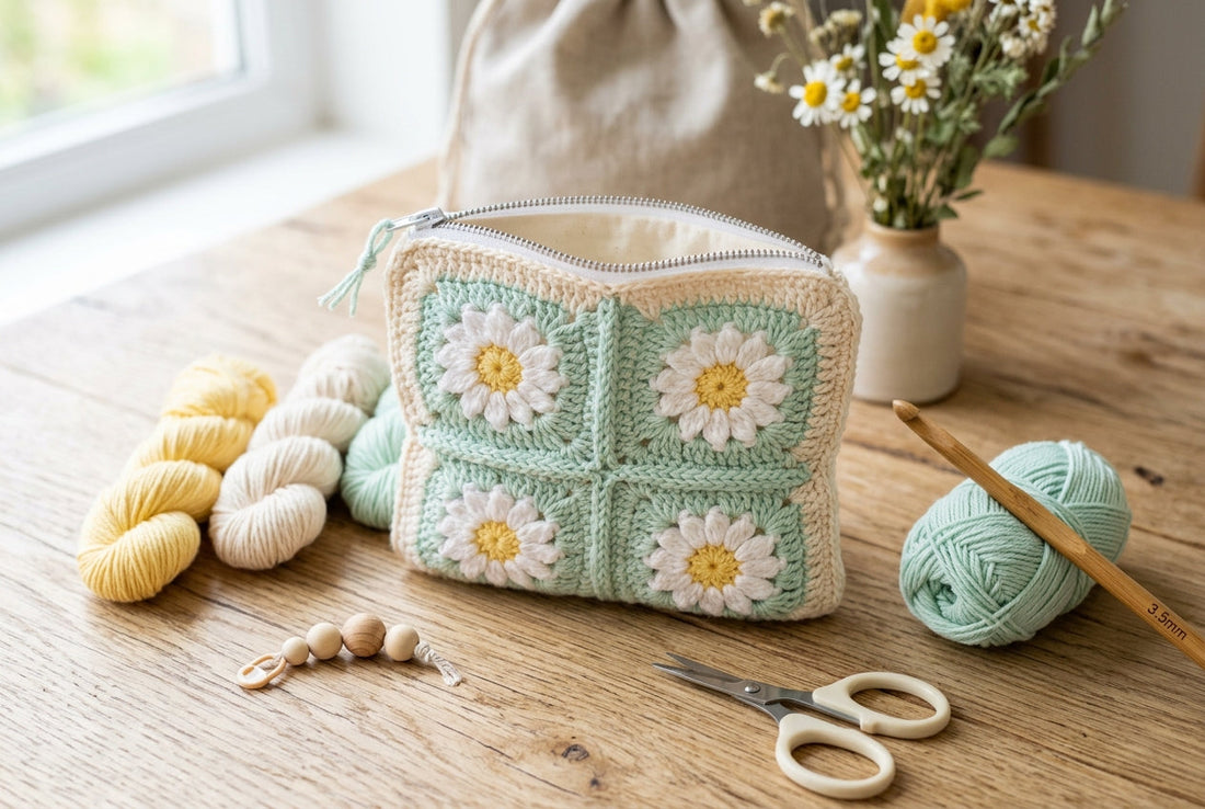 Zipper Pouch made with pastel crochet daisy granny squares