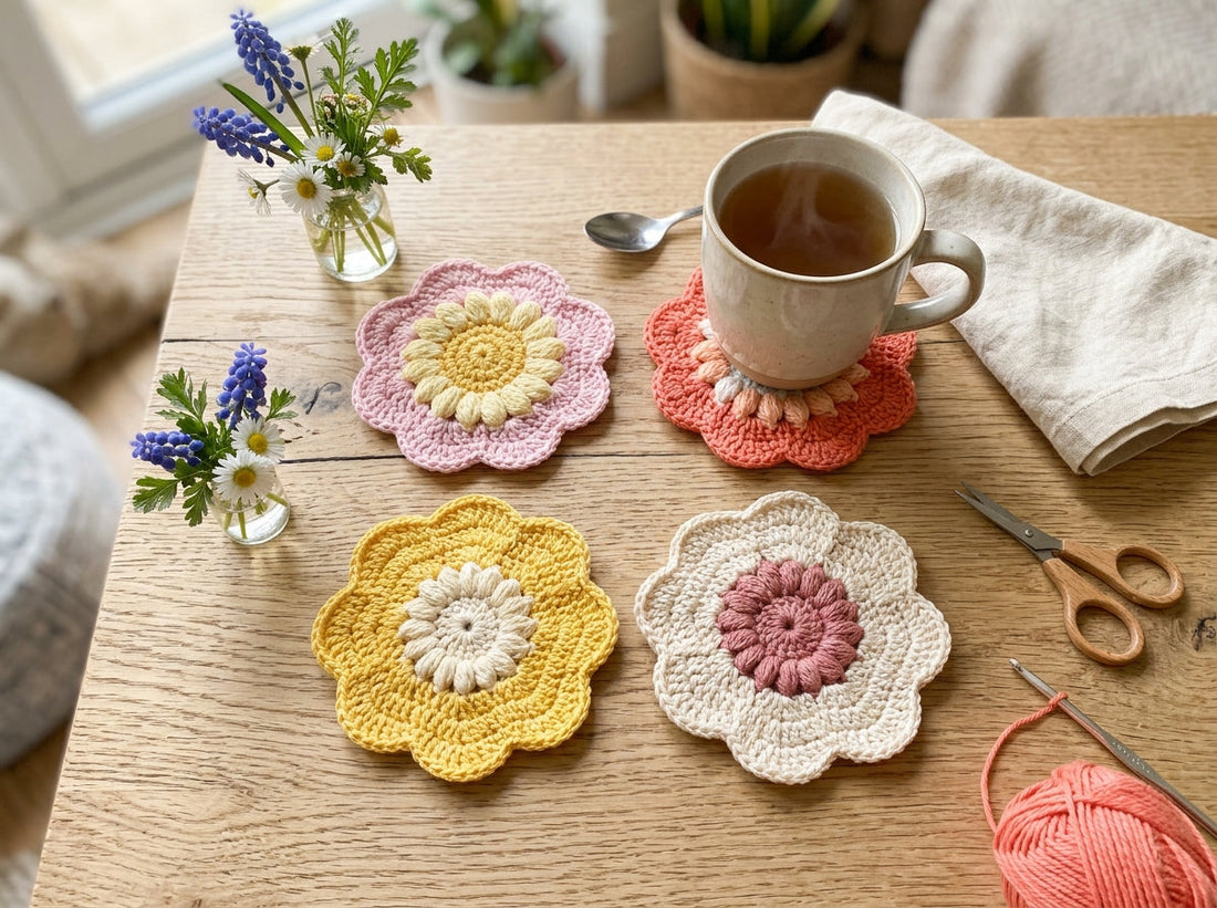 Colorful crochet flower coasters styled on a light coffee table