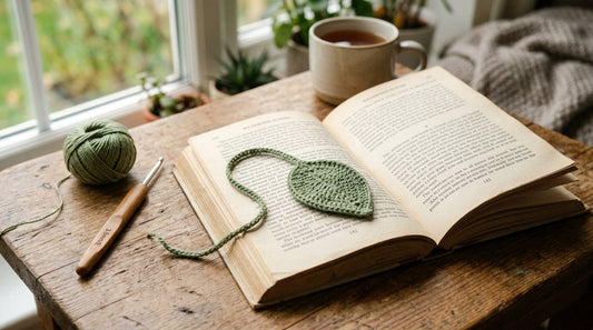 Handmade crochet leaf bookmark tucked into an open book