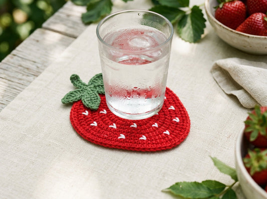 Finished crochet strawberry coaster under a clear glass