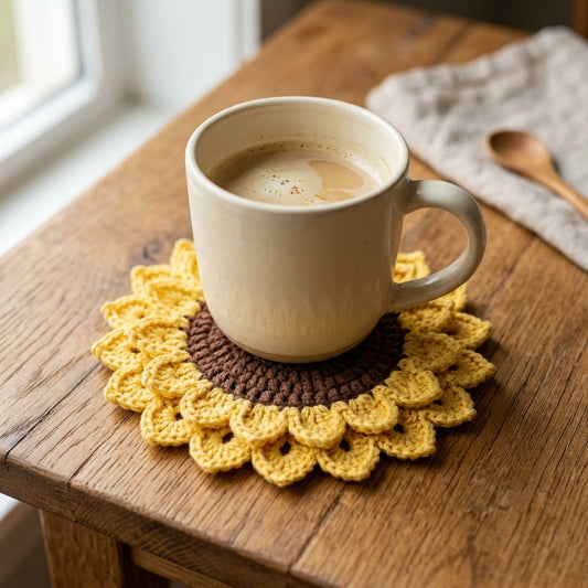 Finished crochet sunflower coaster under a plain mug