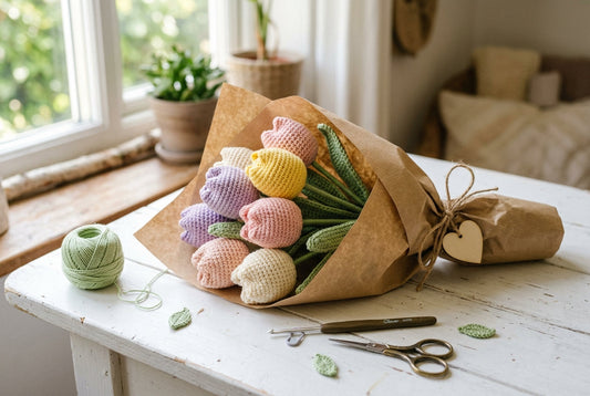 Finished crochet tulip bouquet wrapped in kraft paper on a bright craft table