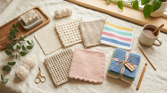 Seven easy crochet washcloth pattern ideas arranged together in a cozy flat lay