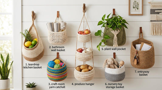 Seven crochet hanging basket pattern ideas shown together on a cozy wall