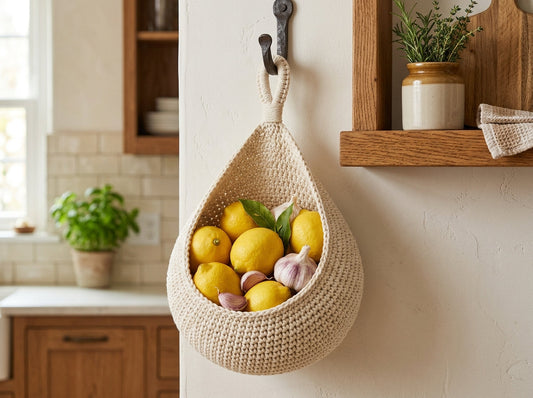 Classic teardrop crochet kitchen basket filled with lemons and garlic