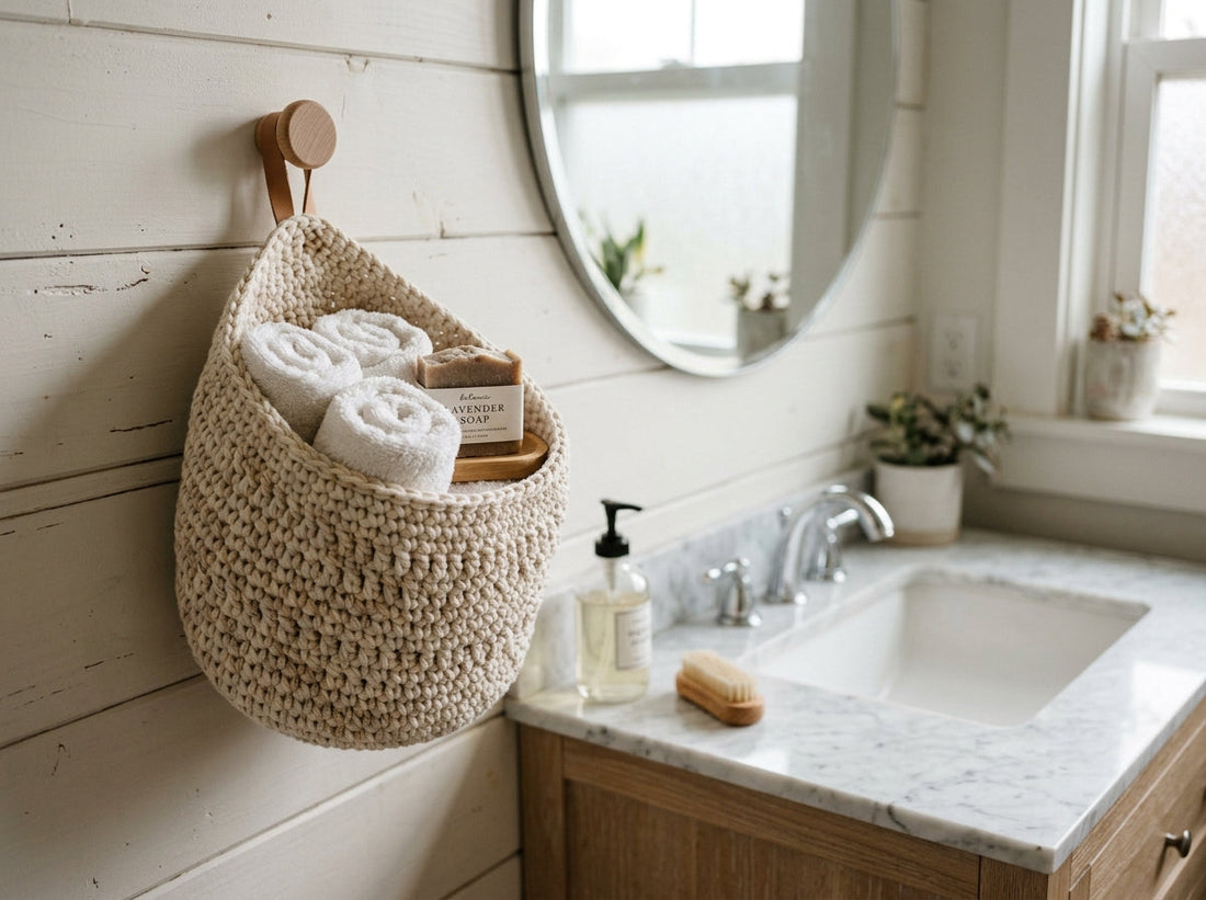 Neutral crochet bathroom wall basket holding rolled washcloths
