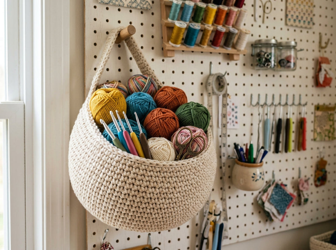Crochet craft room hanging basket holding yarn and hooks