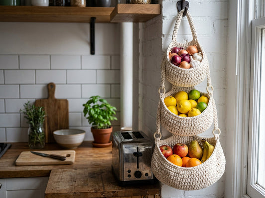 Tiered crochet produce storage baskets in a small kitchen