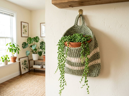 Crochet wall pocket basket holding a trailing plant