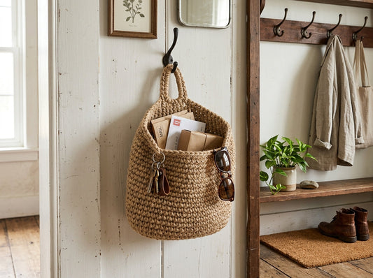Rustic jute-style crochet entryway basket holding keys and mail