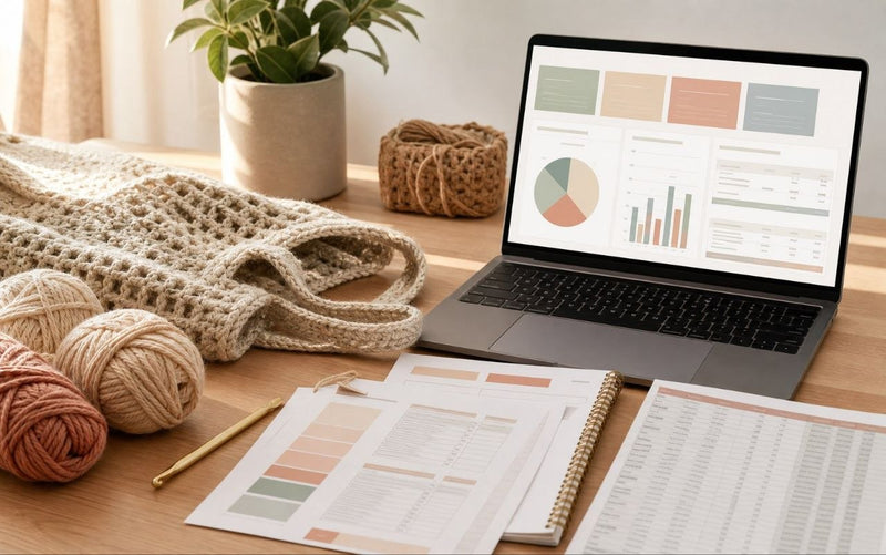 Crochet pricing workspace with laptop, yarn, calculator sheets, and handmade crochet sample