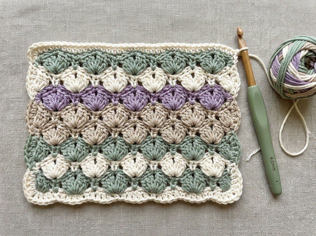 Harlequin stitch tutorial swatch with raised sage ivory and lavender flower-burst cluster diamonds