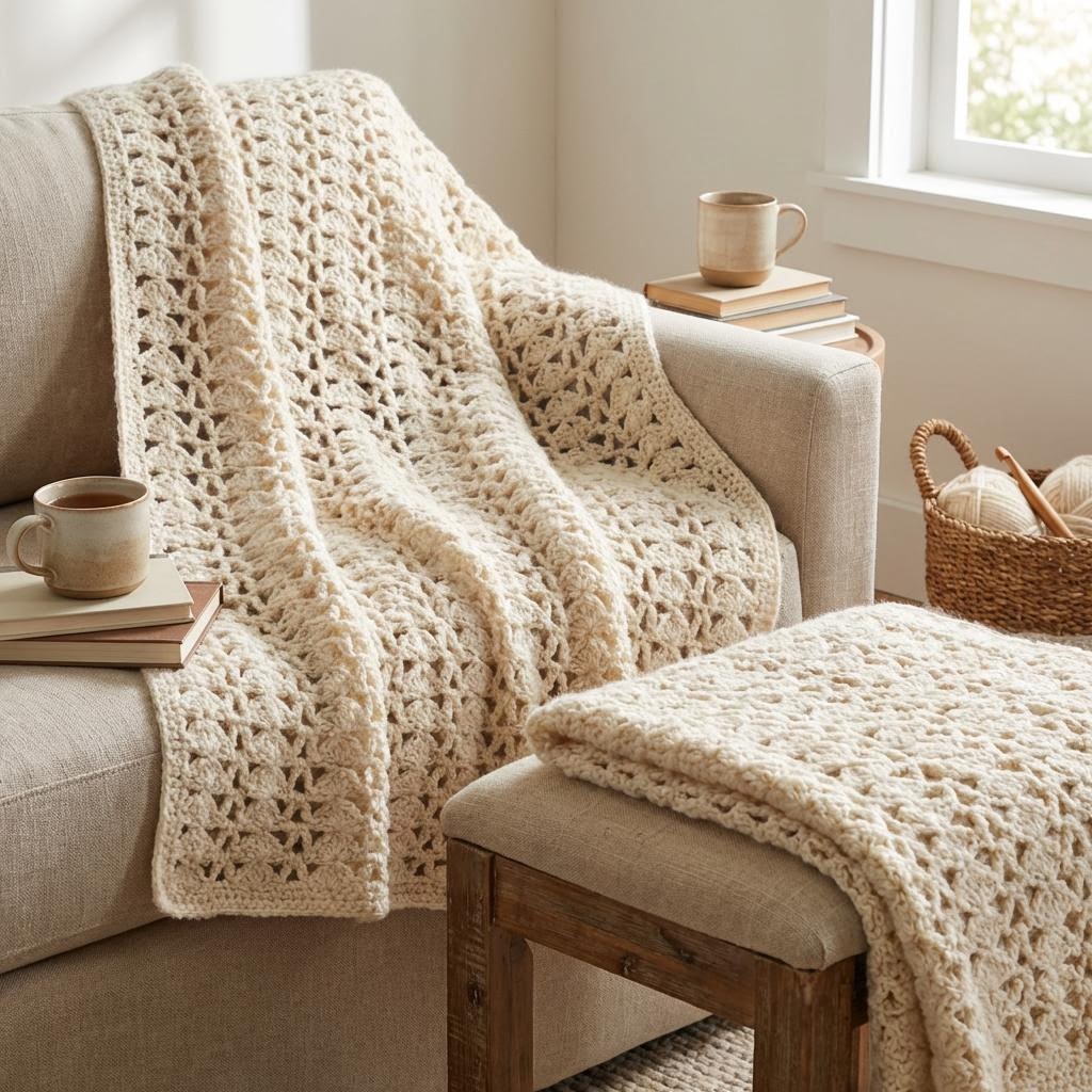 Stacked triangles and eyelet stitch crochet blanket styled in a calm cozy home setting.