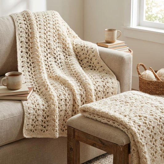 Stacked triangles and eyelet stitch crochet blanket styled in a calm cozy home setting.