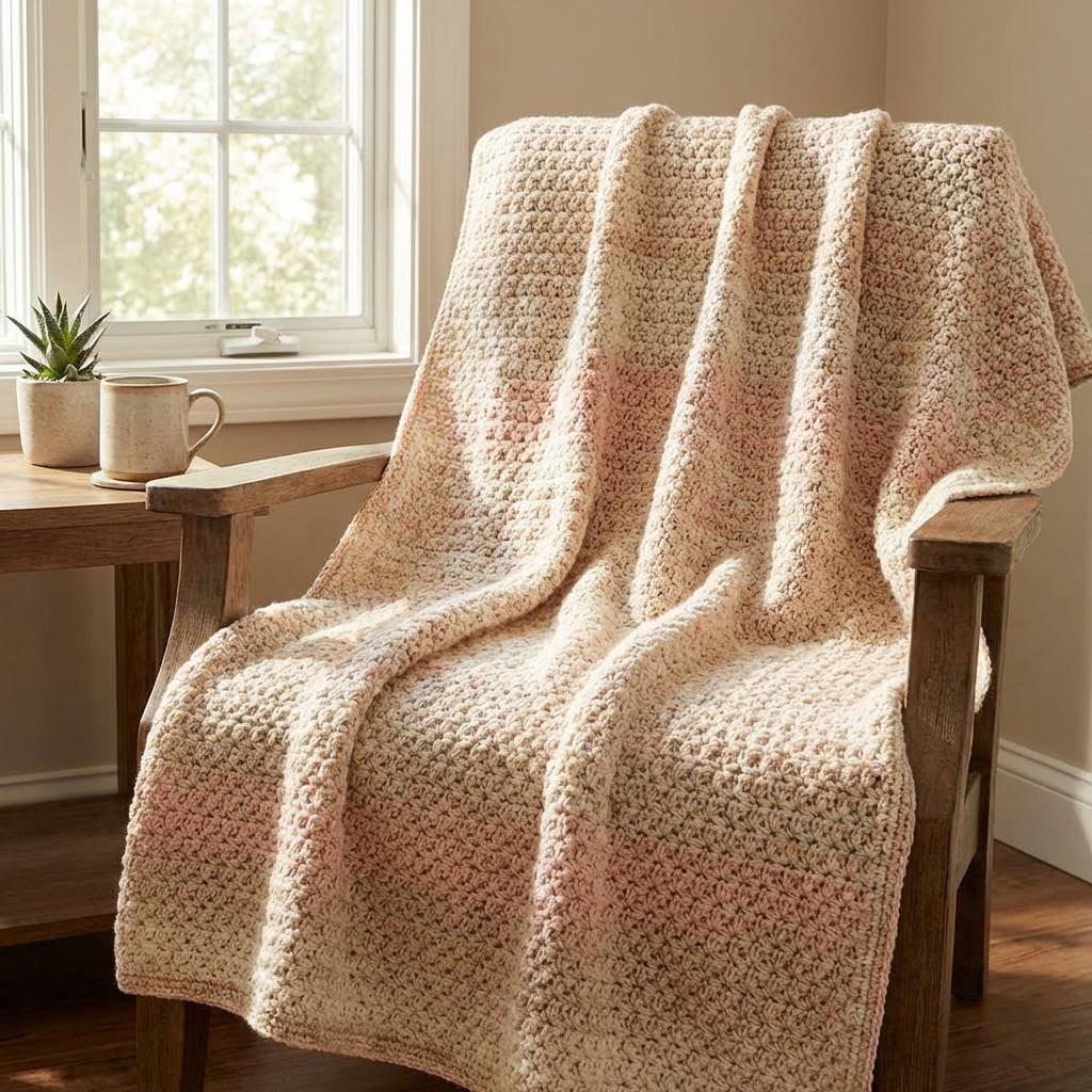 Suzette stitch crochet blanket styled in a calm cozy home setting.