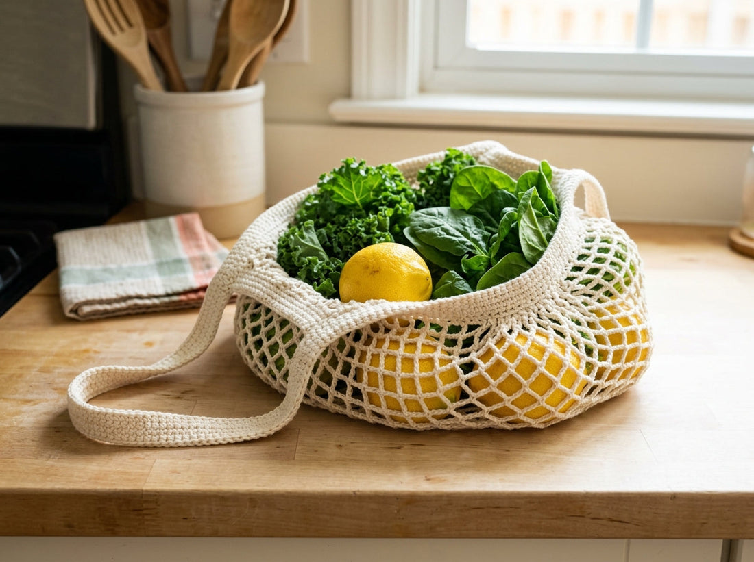 Classic mesh crochet market bag filled with produce