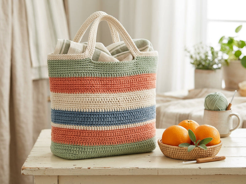 Striped cotton crochet market tote