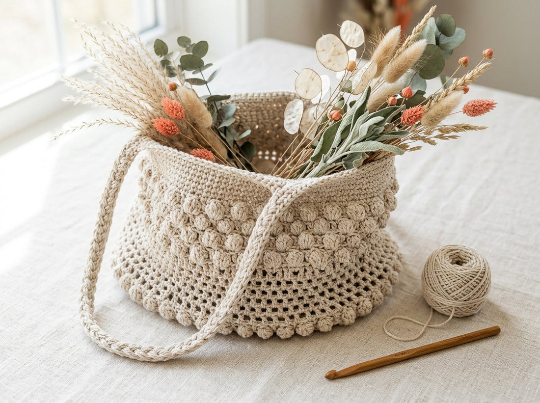 Boho neutral crochet market bag in oatmeal cotton
