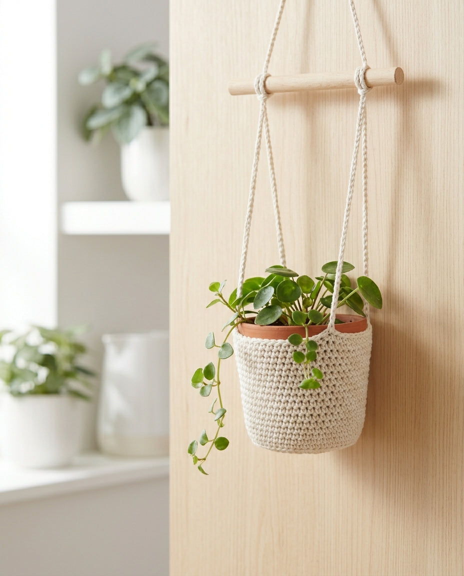 Mini hanging style crochet plant pot cover with simple cords and small plant