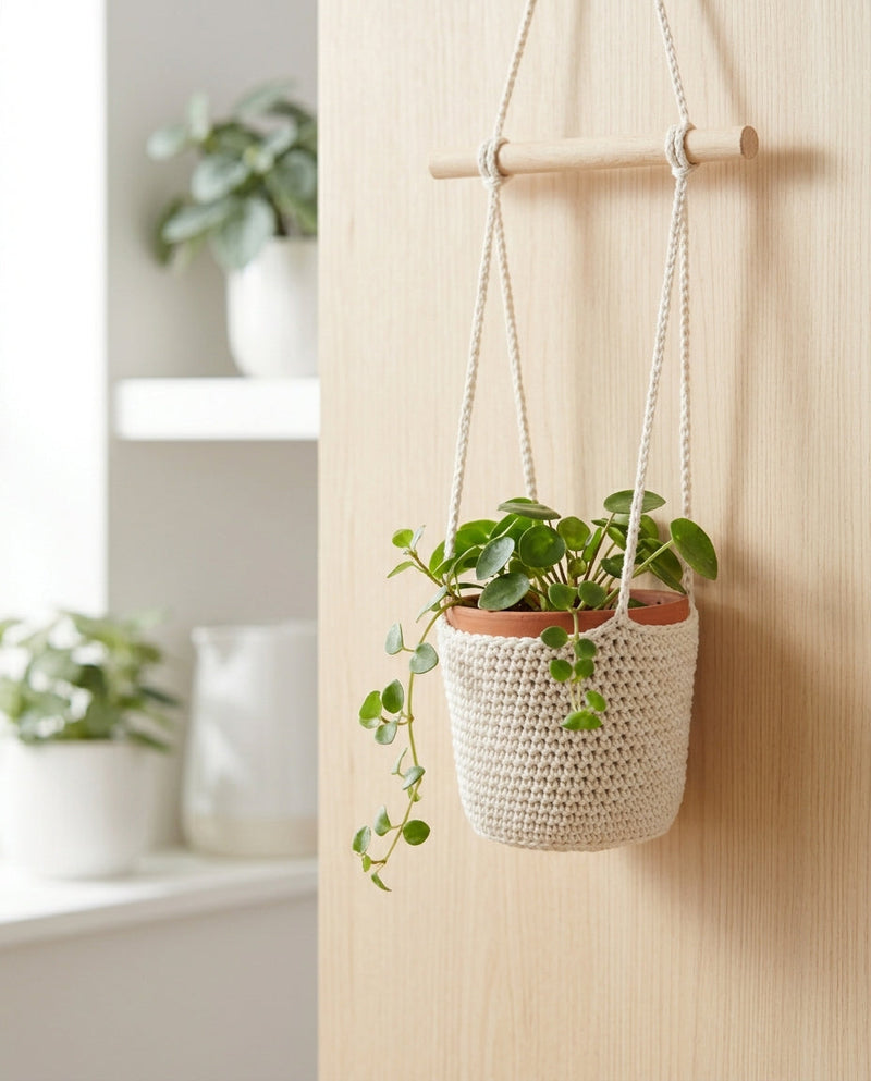 Mini hanging style crochet plant pot cover with simple cords and small plant